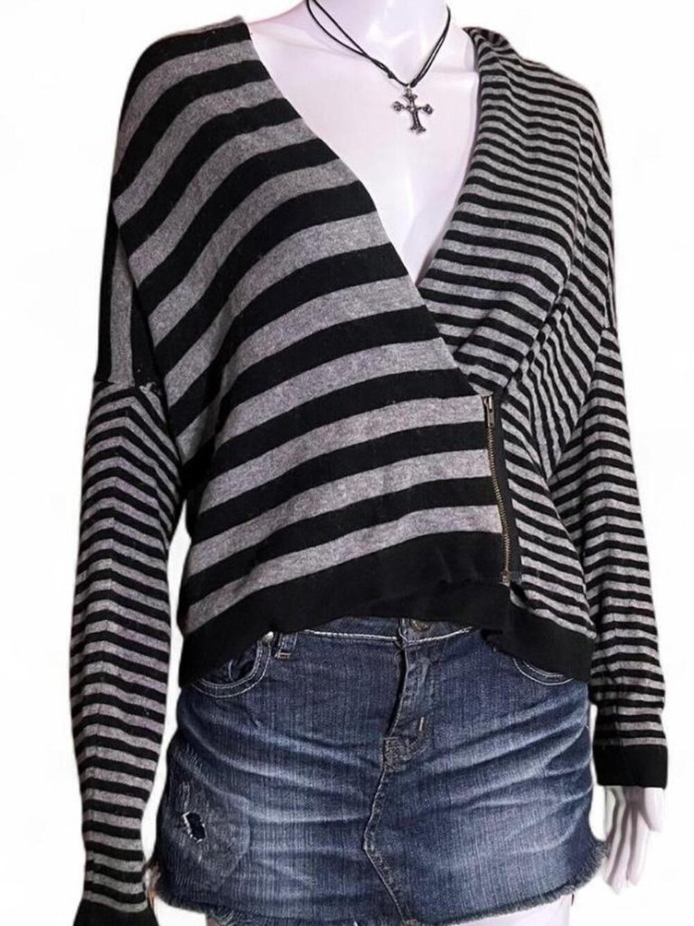Foxtrot Asymmetric off the shoulder black and gray stripe knit long sleeve